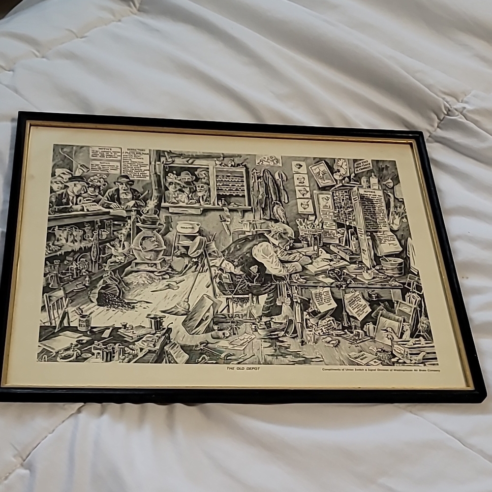 1930 "At The Old Depot Railroad Station Clerk Office"  Poster by CD Poage,Framed